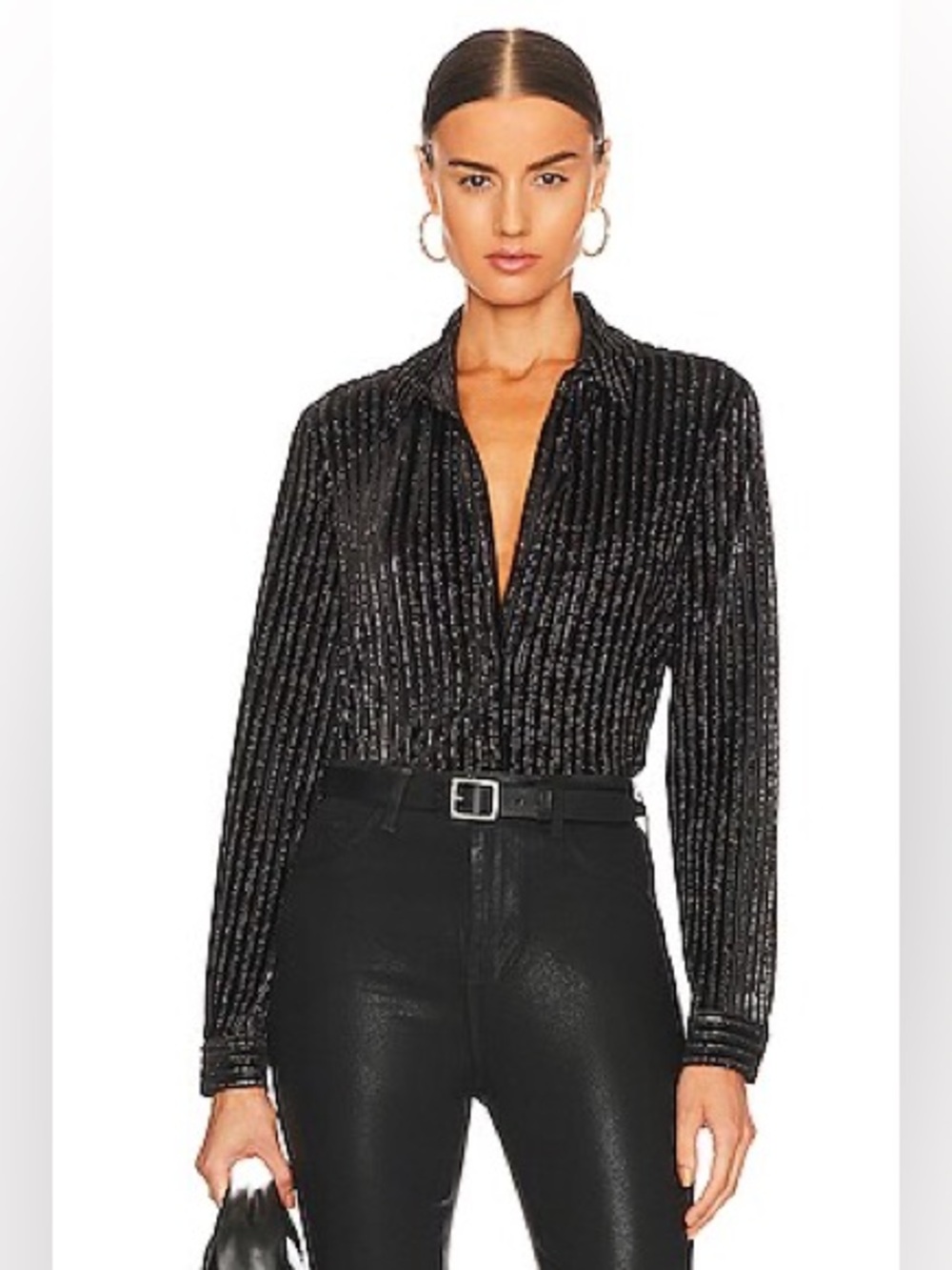 L'AGENCE Black Metallic Ribbed Button-Down Shirt